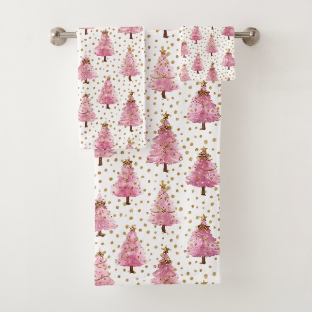 Verspieltes rosa Weihnachtsbaum-Muster Badhandtuch Set (Insitu)