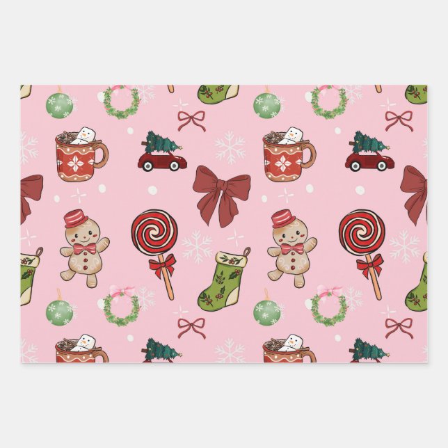 Verspieltes rosa Weihnachtspapier Geschenkpapier Set (Vorderseite)