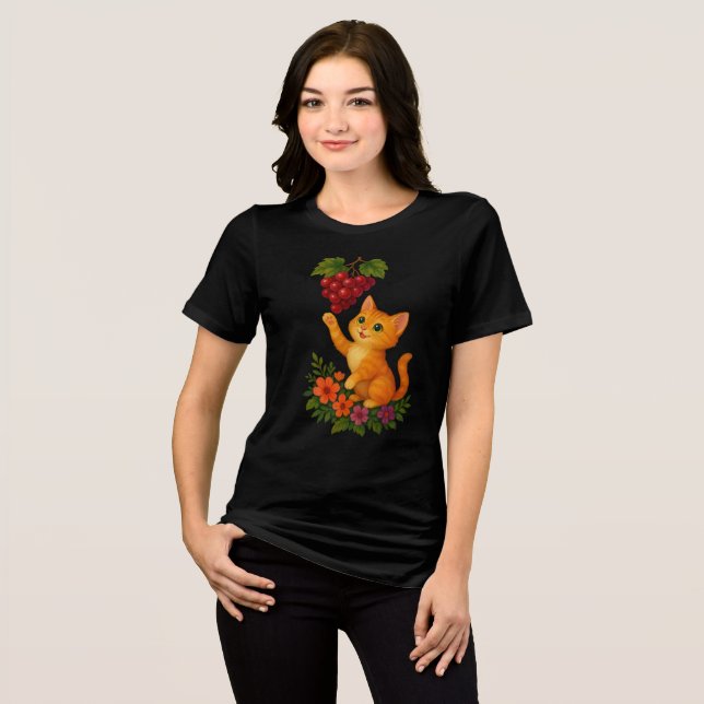 Verspieltes rotes Kätzchen mit Trauben Tri-Blend Shirt (Vorderseite voll)