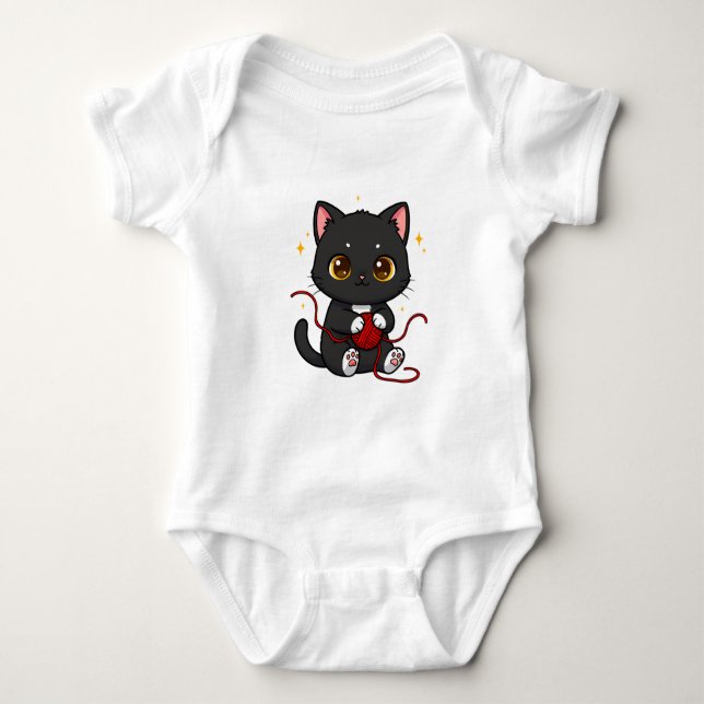Verspieltes schwarzes Katzen-Chibi-Design Baby Strampler (Vorderseite)