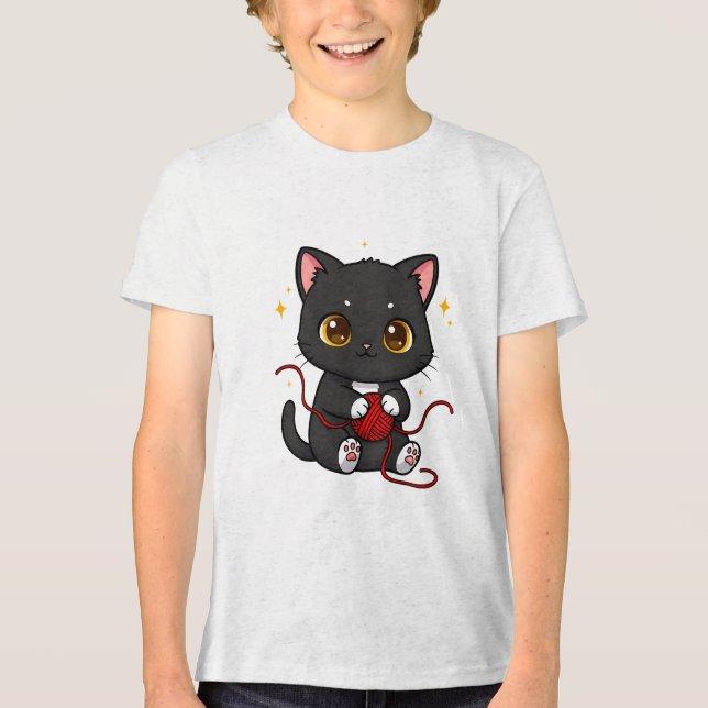 Verspieltes schwarzes Katzen-Chibi-Design Tri-Blend Shirt (Vorderseite)