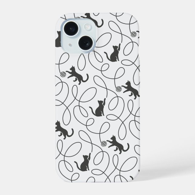Verspieltes Schwarzkatze- und Garnball-Muster iPhone 15 Hülle (Rückseite)