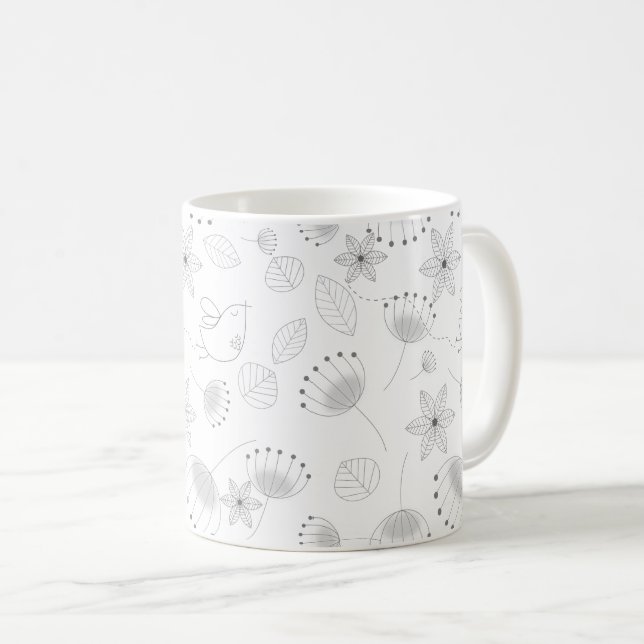 Verspieltes, süßes Blumen- und Vogelmuster auf Wei Kaffeetasse (VorderseiteRechts)