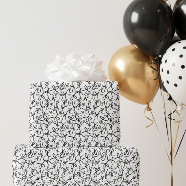 Verspieltes Süßes Schwarz Weiß Schleifen Muster Mä Geschenkpapier (Whimsical Cute Black White Bows Pattern Girly Gift Wrapping Paper
)