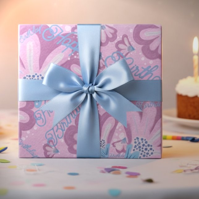Verstaubte rosa handgemalte Blumen Geschenkpapier Set (Cheerful blooms & personal wishes. The happiest birthday wrap ever. Perfect for flower lovers.)