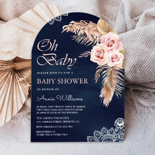 Verstaubte rosa Rosen-Pampasgras-Navy-Bogen-Baby-P Einladung