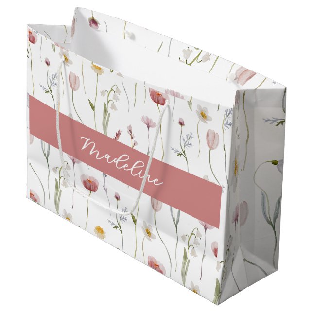 Verstaubtes rosa Wildblumen-Wasserfarben-Monogramm Große Geschenktüte (Vorderseite Schrägansicht)