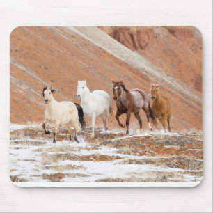 Versteckranch mit kleiner Herde Pferde im Schnee Mousepad
