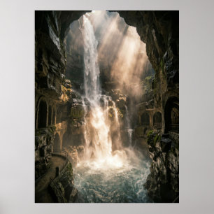 Versteckte Höhle Wasserfall Sonnenlichtstrahlen Poster
