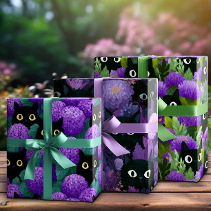 Versteckte schwarze Katzen im traumhaften violette Geschenkpapier Set
