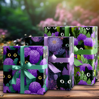 Versteckte schwarze Katzen im traumhaften violette Geschenkpapier Set