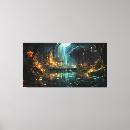 Versteckter Waldtempel im Mondlicht Leinwanddruck