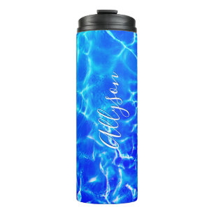 Vertical Name White Script, Blue Water Thermosbecher