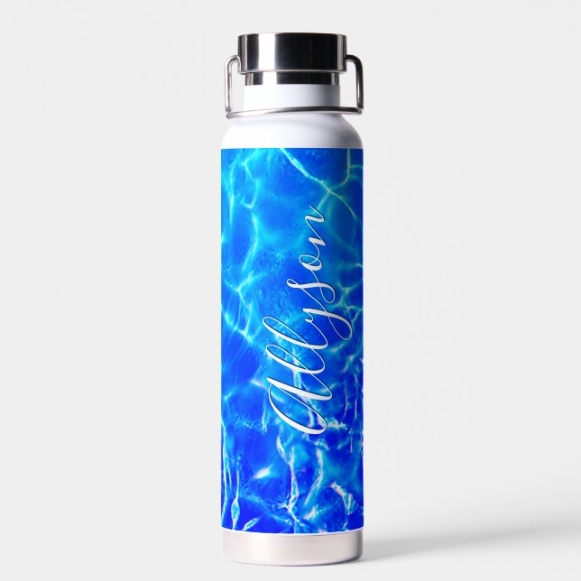 Vertical Name White Script, Blue Water Trinkflasche (Rückseite)