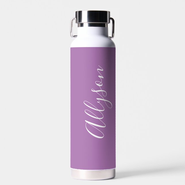 Vertical Name, White Script, Lavendel personalisie Trinkflasche (Vorne)