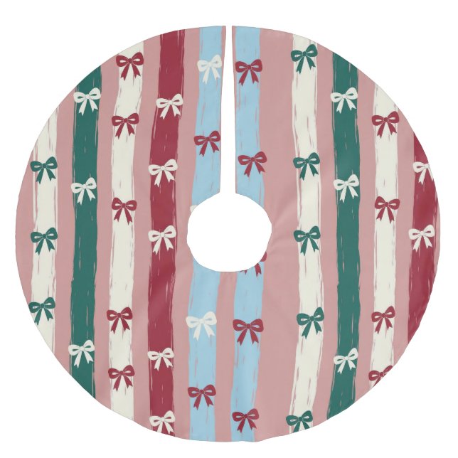 Vertical Stripes & Bows in Holiday Pastels Polyester Weihnachtsbaumdecke (Vorderseite)
