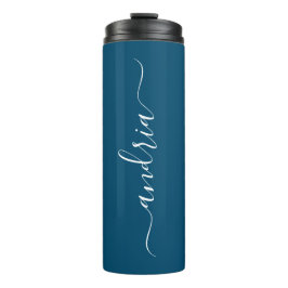 Vertical White Script Name, Ocean Blue Thermosbecher