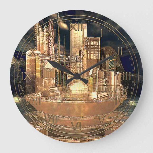 Verticity Fantasy Futuristic City Große Wanduhr (Vorderseite)