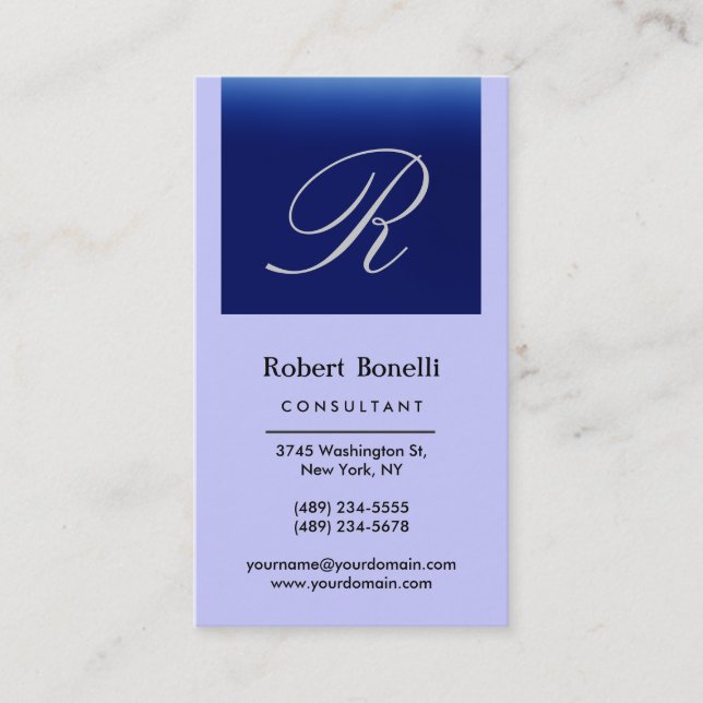 Vertikal Blue Monogram Consultant Business Card Visitenkarte (Vorderseite)