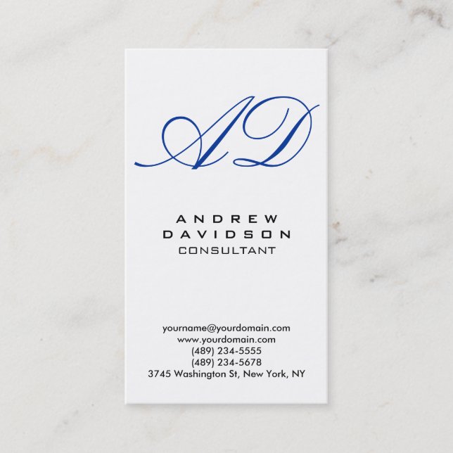 Vertikal Blue White Script Monogram Business Card Visitenkarte (Vorderseite)