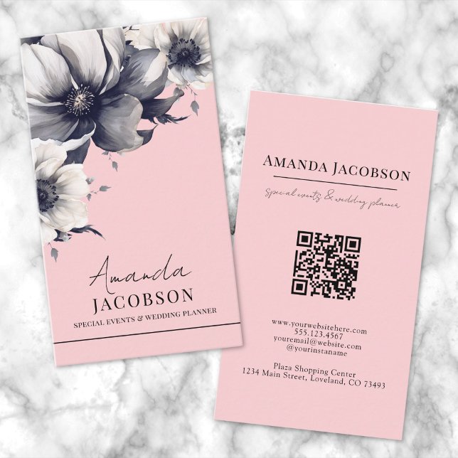 Vertikal QR Rosa Blütenrot Elegant Beruflich Visitenkarte (Vertical QR Blush Pink Floral Elegant Professional Business Card)