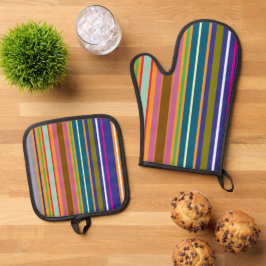Vertikale Retro-Streifen Bunt Ofenhandschuh & Topflappen-Set