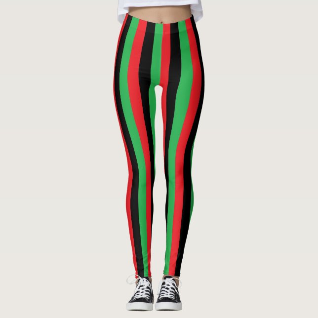 Vertikale rote, schwarze und grüne Streifen Leggings (Vorderseite)