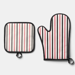 Vertikale Streifen schwarz, weiß und rot Ofenhandschuh & Topflappen-Set