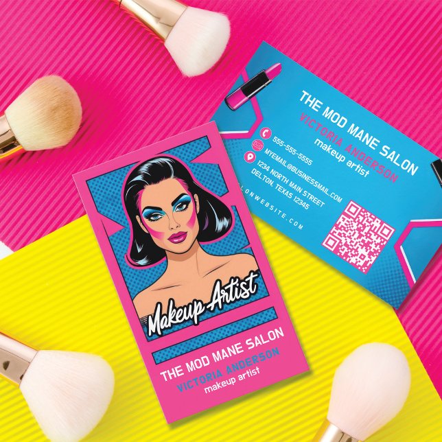 Vertikaler Pop Art Neon Pink Blue Makeup Artist Visitenkarte (Von Creator hochgeladen)
