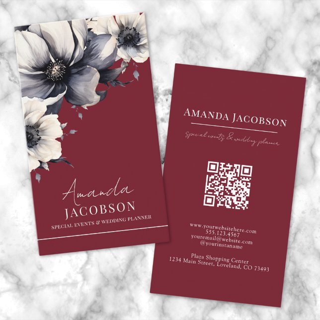 Vertikaler QR-Code Roter Blumen Elegant Beruflich Visitenkarte (Vertical QR Code Red Floral Elegant Professional Business Card)