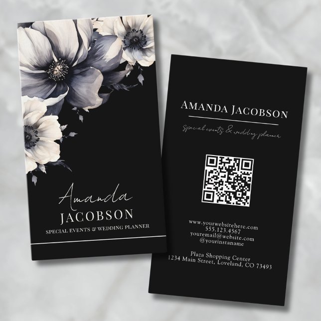 Vertikaler QR-Code Schwarze Blütenform Beruflich Visitenkarte (Vertical QR Code Black Floral Elegant Professional Business Card)