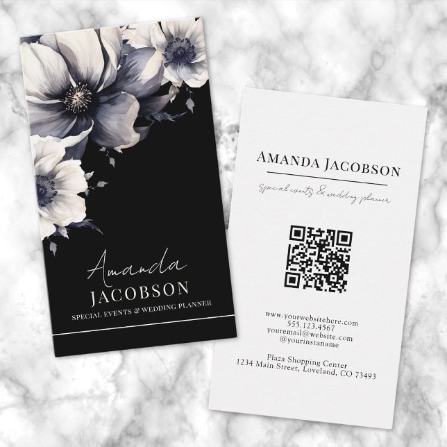 Vertikaler QR-Code Schwarze Blütenform Beruflich Visitenkarte (Vertical QR Code Black Floral Elegant Professional Business Card)
