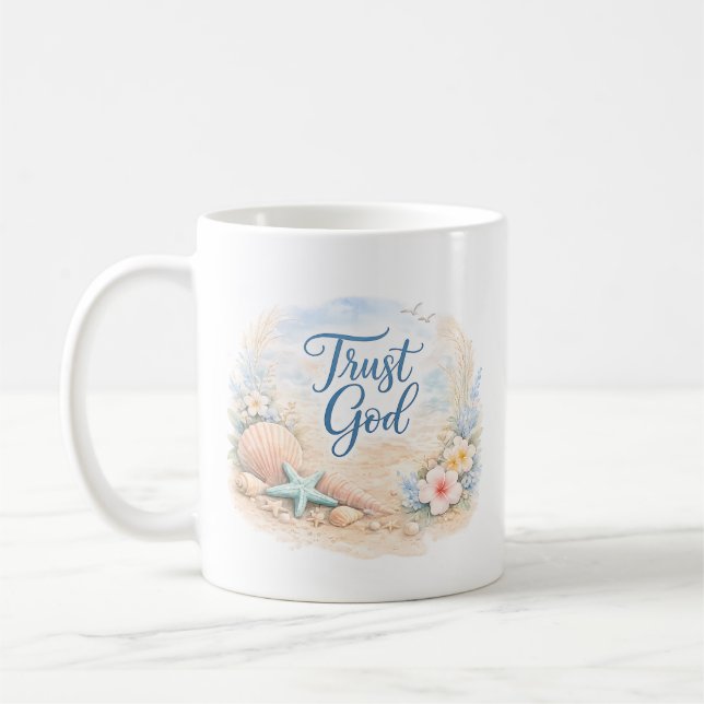 "Vertraue Gott" Küstenstrand Wasserfarbe Christlic Kaffeetasse (Links)
