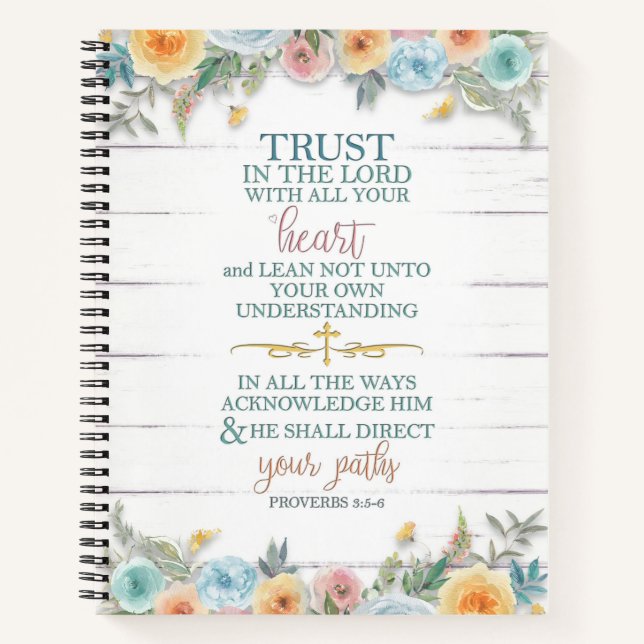 Vertrauen in den Herrn mit Blume auf Holz Notizbuch (Vorderseite)
