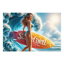 Vertrauensvolle Surferin, die durch die Wellen am Fotodruck