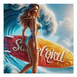 Vertrauensvolle Surferin, die durch die Wellen am Poster