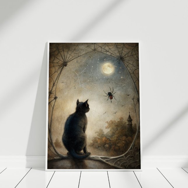 Vertraute Uhr - Schwarze Katze und Zauberwand Poster (Familiar’s Watch – Black Cat & Magic Wall Print in a white frame.)