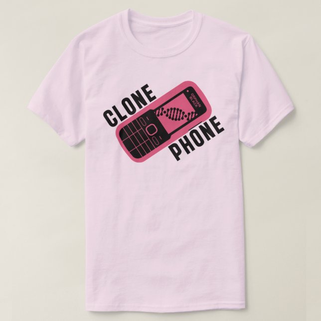 Verwaistes schwarzes Klon-Telefon T-Shirt (Design vorne)