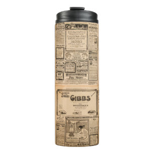 Verwendeter Papierhintergrund. Alte Zeitungsseite Thermosbecher