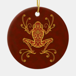Verwickelter goldener roter Baum-Frosch Keramikornament