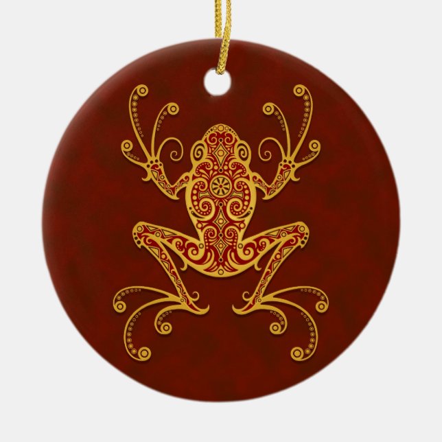 Verwickelter goldener roter Baum-Frosch Keramikornament (Vorne)