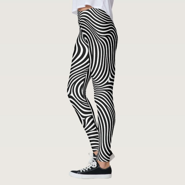 verwirrende hypnotische Linienmuster Schwarz-weiße Leggings (Links)