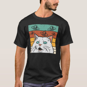 Verwirrte Katze UFO Retro Alien Space Männer Fraue T-Shirt