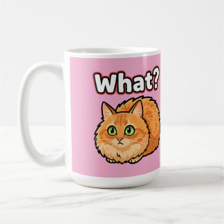 Verwirrtes flauschiges orangefarbenes Katzen "Was? Kaffeetasse
