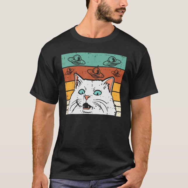 Verwirrtes Katze UFO Retro-Meme Außerirdischer Wel T-Shirt (Vorderseite)