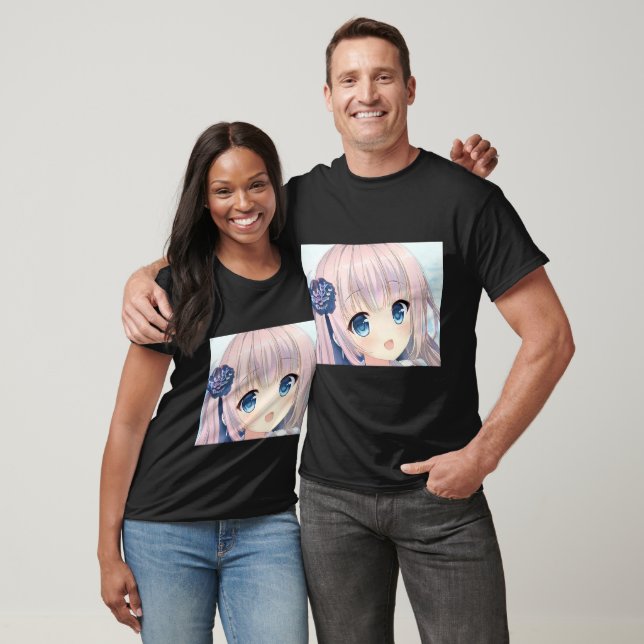 Verwirrtes Lächeln Anime Mädchen rosa Haare blaue  T-Shirt (Unisex)