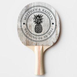 Verwitterter Weißer Ananas Hochzeitskamm & Namen Tischtennis Schläger