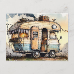 Verwitterter Wohnwagen Camper RV Aquarellstil Postkarte