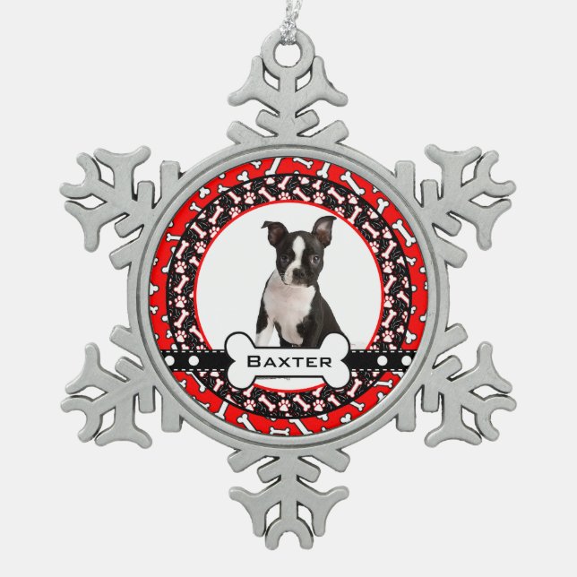 Verwöhnte Hündchen-HundeFoto-Knochen und Schneeflocken Zinn-Ornament (Vorderseite)