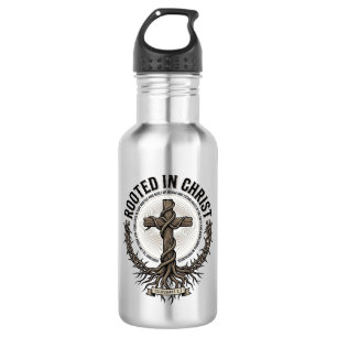Verwurzelt in Christus Kreuz Vintage Gravur Christ Edelstahlflasche